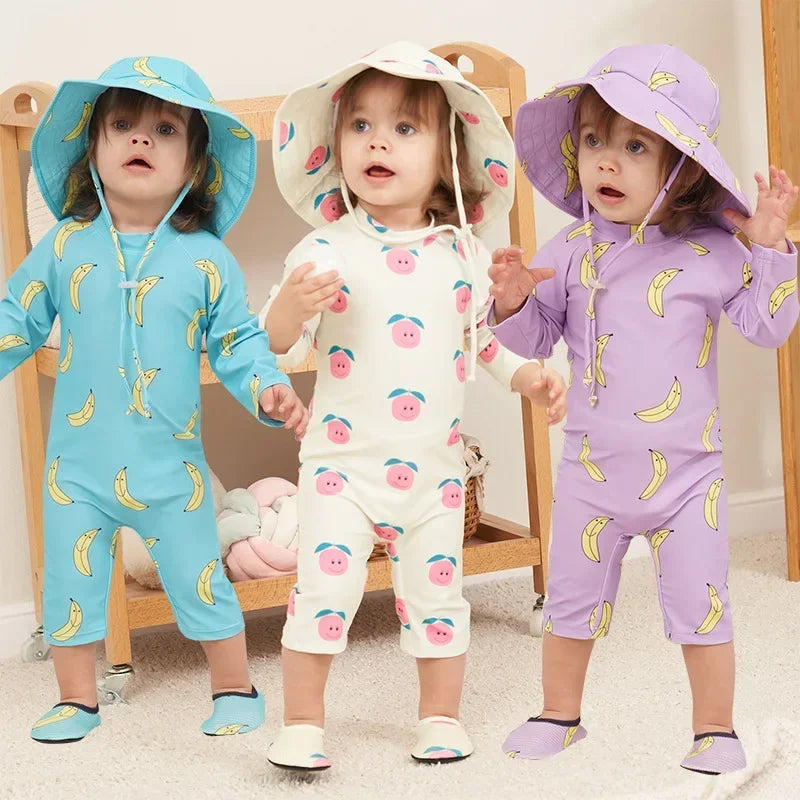 Baby Swimsuit One-Piece Bathing Suit Boy with Sun Cap UPF50 UV Protection Long Sleeve Dinosaur Children's Swimwear for Toddler