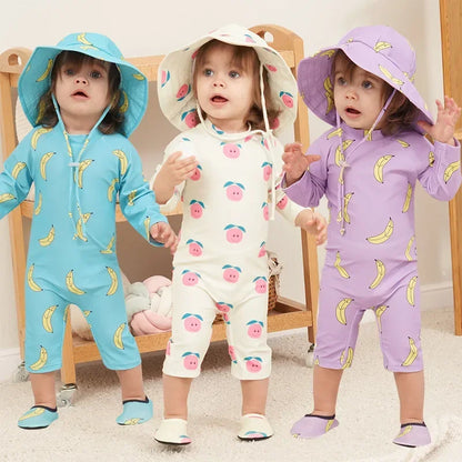 Baby Swimsuit One-Piece Bathing Suit Boy with Sun Cap UPF50 UV Protection Long Sleeve Dinosaur Children's Swimwear for Toddler