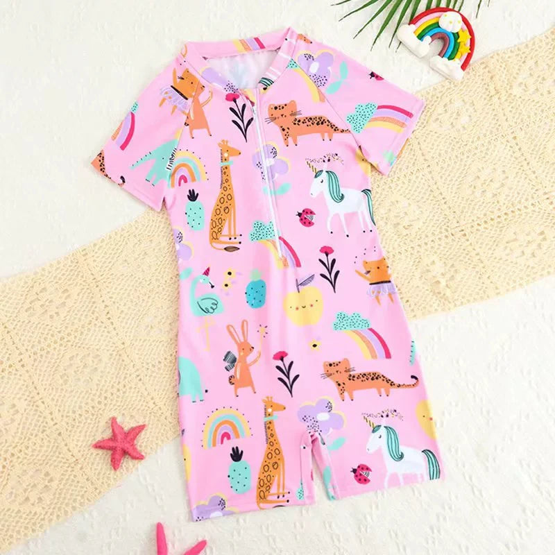 Girls Printed Swimsuit One Piece Kids Zipper Swimwear Children Swimming Bathing Swim Suit Beachwear