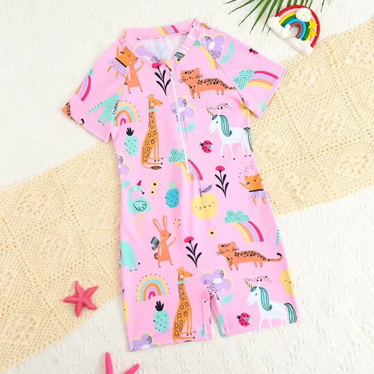 Girls Printed Swimsuit One Piece Kids Zipper Swimwear Children Swimming Bathing Swim Suit Beachwear