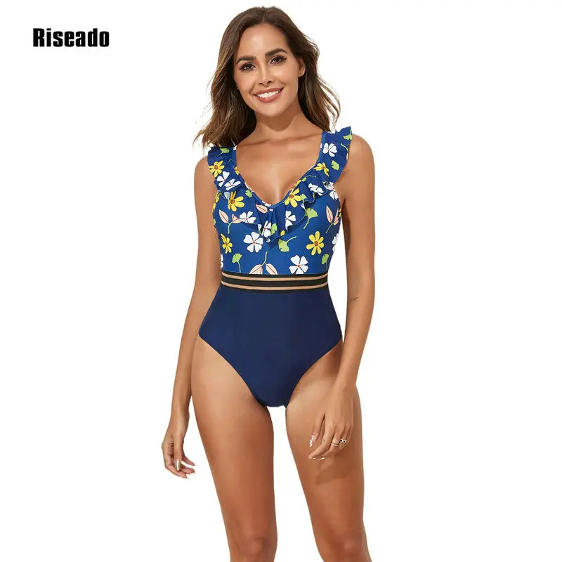 Riseado Ruffled One-Piece Swimsuit For Women Floral Sexy V-neck Backless Monokini Swimwear 2024 Mesh Bathing Suit Beachwear