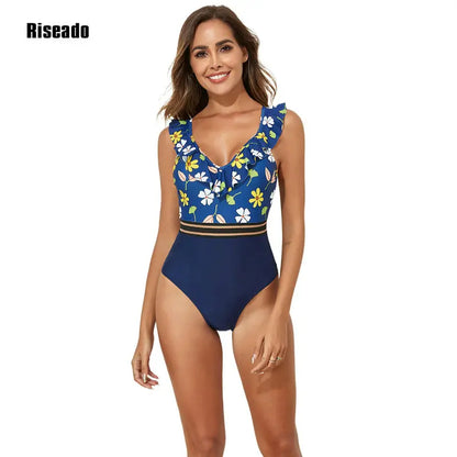 Riseado Ruffled One-Piece Swimsuit For Women Floral Sexy V-neck Backless Monokini Swimwear 2024 Mesh Bathing Suit Beachwear