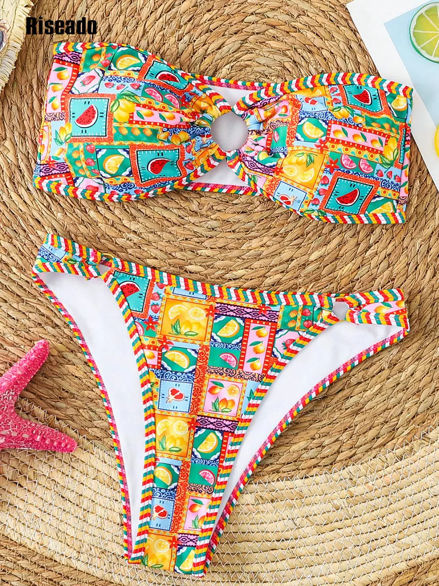Women's Bandeau Off Shoulder Bikini Set Floral Print Whip Stitch 2 Piece Swimsuits Bathing Suits