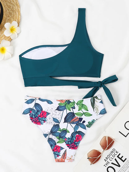 One Shoulder Bikini Set Swimsuit Women Solid Padded Swimwear Female Bathers Bathing Swimming Swim Suit Beachwear