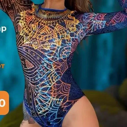 Rash Guard Women's Printed Long Sleeved Swimsuit with Cup Cover Sun Protection Mesh Fabric One-piece Swimsuit Bathers