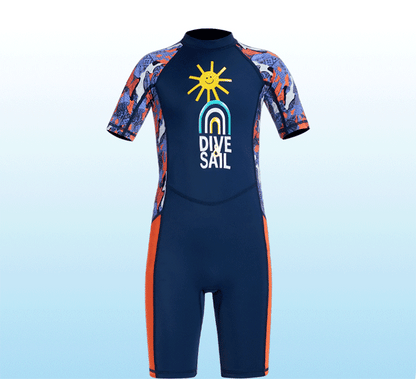 Children's Swimsuit Boys One-Piece Swimsuit Short-Sleeved Beach Sunscreen Professional Training Swimsuit