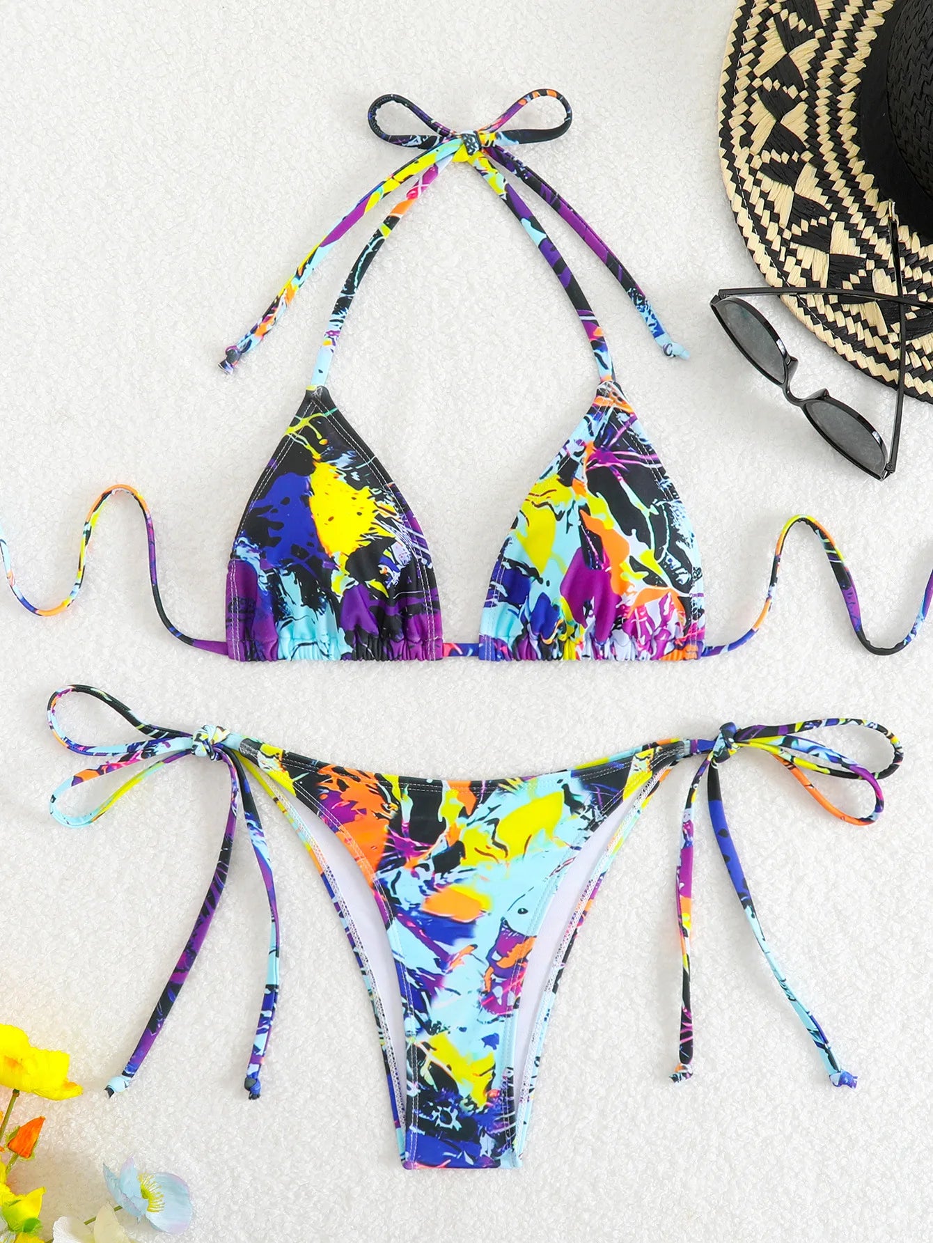 Tie Dye Gradient Mini Bikini Women Halter Push Up Bra Tie Side Thong Swimsuit Beach Pool Holiday Bathing Suit Swimwear