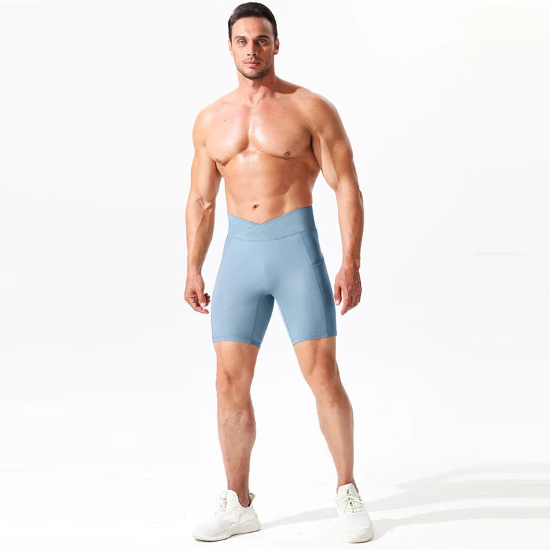 Running Shorts Pants Pockets Men's High Waist Elastic Running Tights Cycling Fitness Yoga Quick Drying External Wear Marathon
