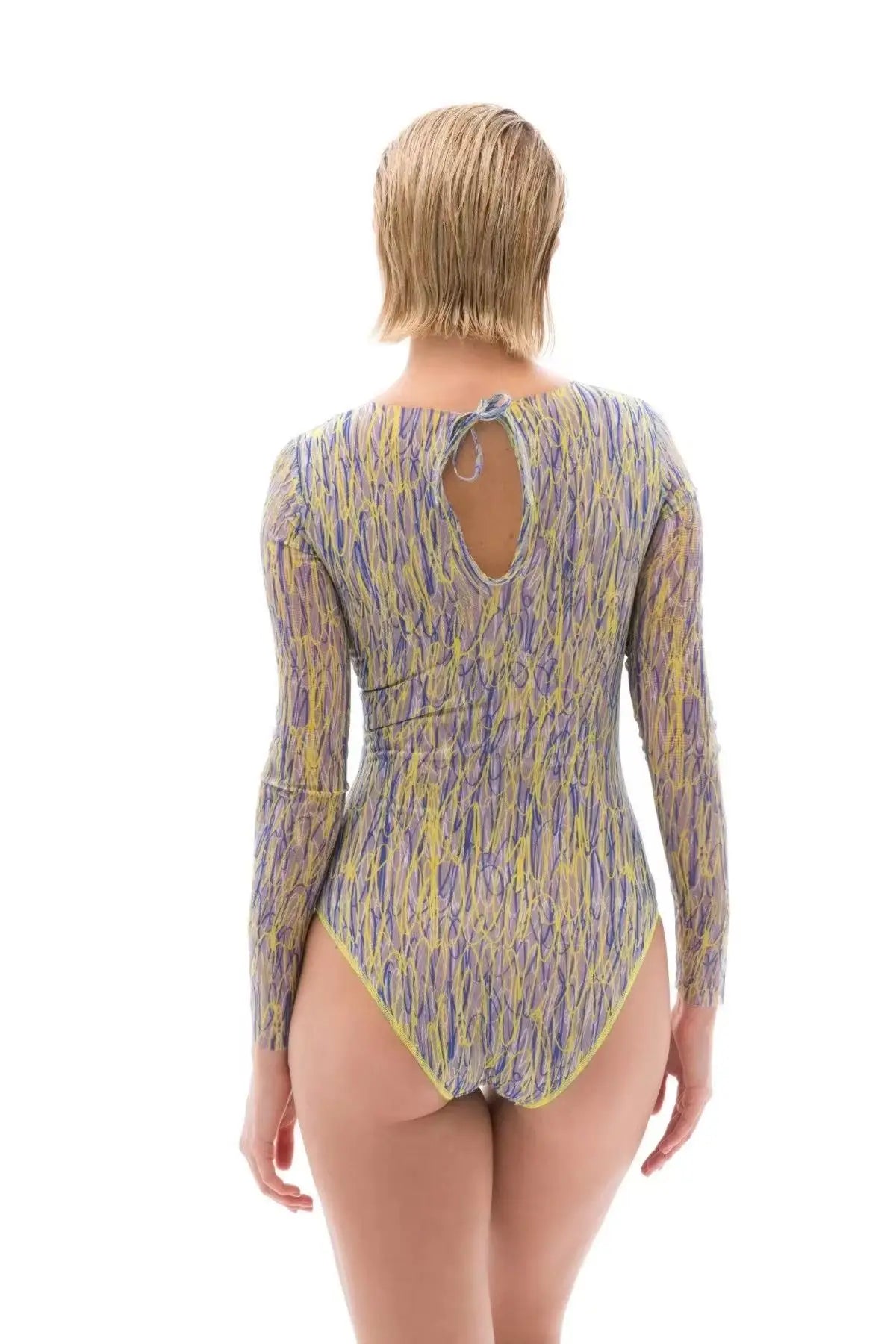 Mesh High Waist Swimsuit Women Summer Bathing Suit Rash Guard Long Sleeve Swimwear Beach Swimming Suit For Female