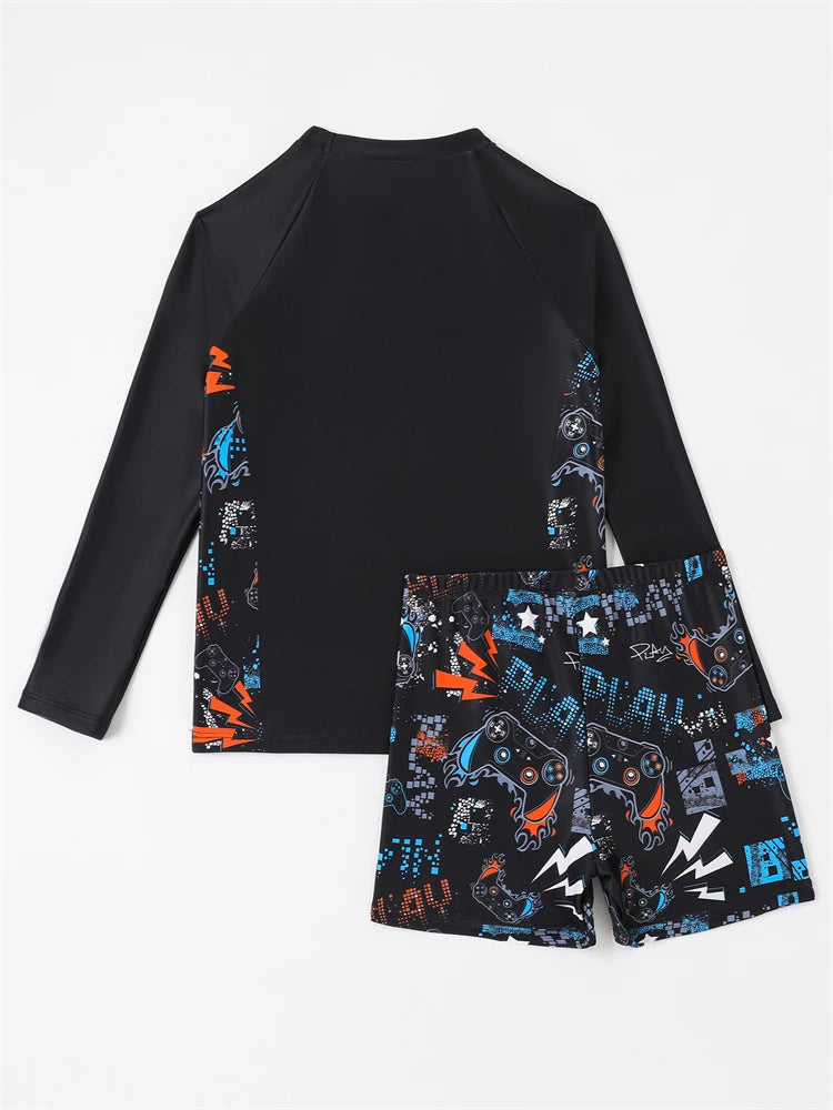 Boy Kids Swimsuit Solid Print Long Sleeves Two Piece Children Swimwear Summer Shorts Beach Wear Bathing Suit Swimming