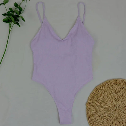 One Piece Swimsuit Swimwear Women Pit Striped V-neck Backless Retro Solid Beachwear Bathing Suit