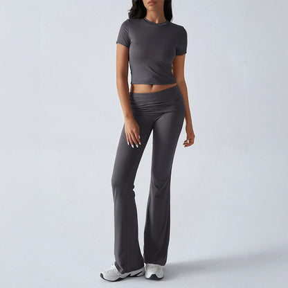 Foldable 2PCS Yoga Set Women Short Sleeve Crop Top Slim Fit High Waist Flare Leggings Fitness Suit Workout Gym Running Tracksuit