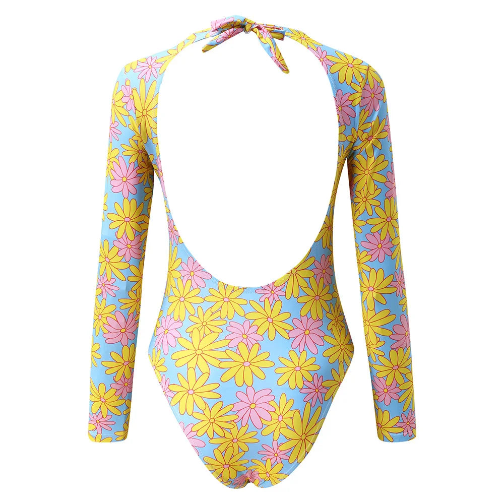 Long Sleeve Surf Swimsuit One Piece Back Hollow Out Bathing Suit Women Leotard Swimwear Rash Guard Diving Clothes
