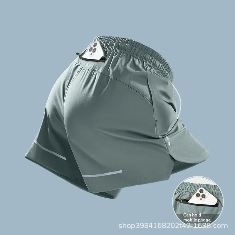 Mens Ice Silk Running Shorts Quick Dry Marathon Three Quarter Length With Phone Pocket Summer Professional Sports Shorts
