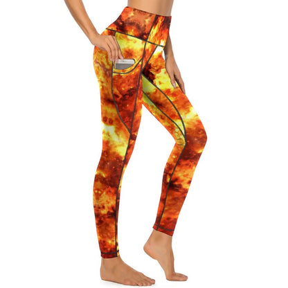Red Fire Yoga Pants Pockets Abstract Print Leggings Push Up Kawaii Yoga Sports Tights Quick-Dry Workout Gym Leggins