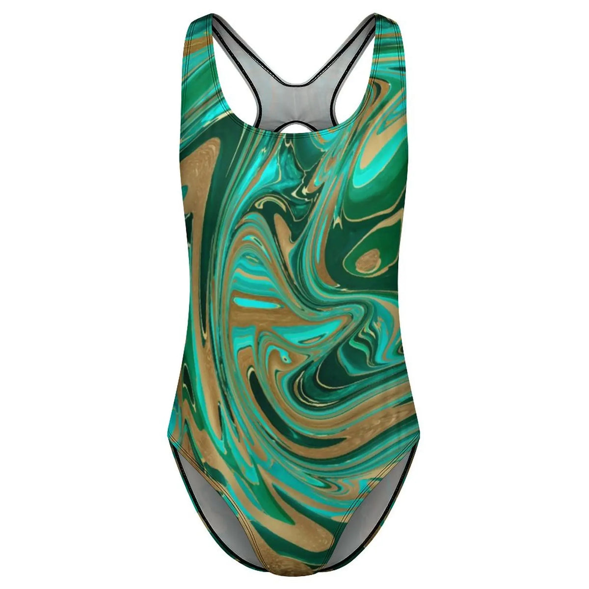 Women's Green & Gold Marble-Print One-Piece Swimsuit