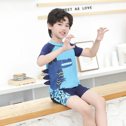 Children's Cartoon Shark Short Sleeve Split Swimwear with Swim Cap, Sun Protection Beach Wear, Baby Boys Swimsuit