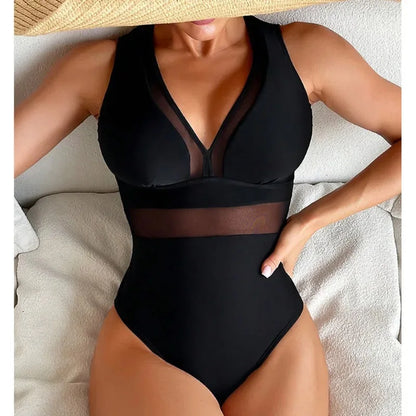Black Net One Piece Swimsuit Closed Female Swimwear Push Up Body Women's Swim Wear Bathing Suit Beach Pool Bather