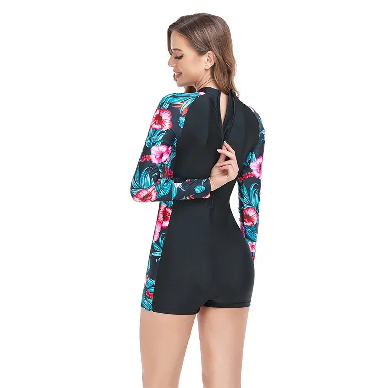 Women Long Sleeve Rashguard Swimwear Boyshort One Piece Rash Guard Surfing Ladies Swimsuits Zip Up UPF 50+ Free-diving Suit