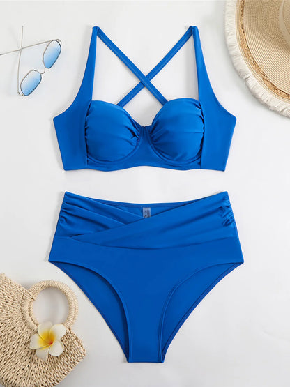 Pleated Underwired Padded Female Swimsuit High Waist Bikini Women Swimwear Two-pieces Bikini set Bather Bathing Suit Swim