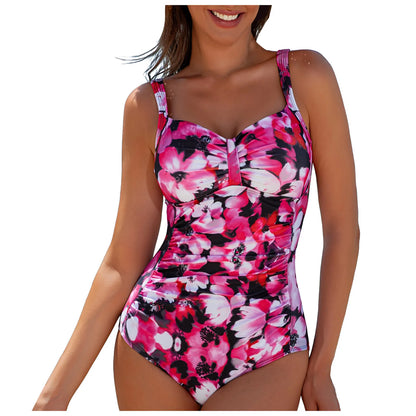 One-Piece Swimsuit Women's Floral Print Bikini Ruched Monokini Push Up Swimming Wear Summer Beach Vacation Swimwear