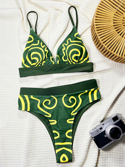 Green Print Halter Bikini Set High Waist Female Swimsuit Women Swimwear Two-pieces Thong Biquini