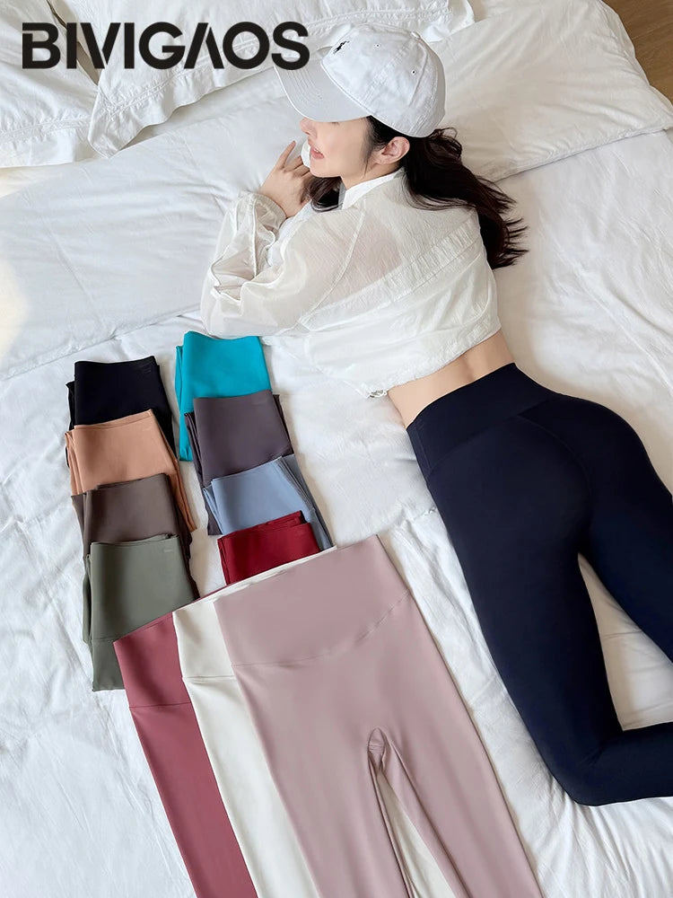 BIVIGAOS Spring Summer Ice Silk Thin Feeling Sharkskin Leggings Women Thin High Elastic Tight Sport Fitness Yoga Leggings