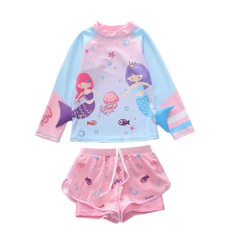 Girls Swimwear Long Sleeve Mermaid Swimming Suit Two Pieces Rash Guard Set Bathing Suit Kids Children's Swimsuit Girl 4-11 Years