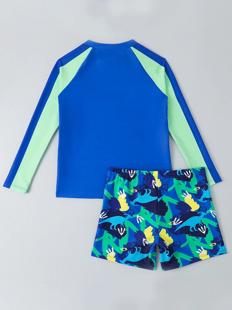 Boy Kids Swimsuit Solid Print Long Sleeves Two Piece Children Swimwear Summer Shorts Beach Wear Bathing Suit Swimming