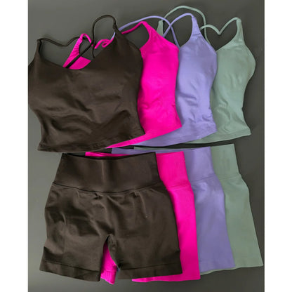 2PCS Vision Running Workout Sportwear Yoga Sets Women Gym Legging Longline Shorts Sports Bra Fitness Activewear