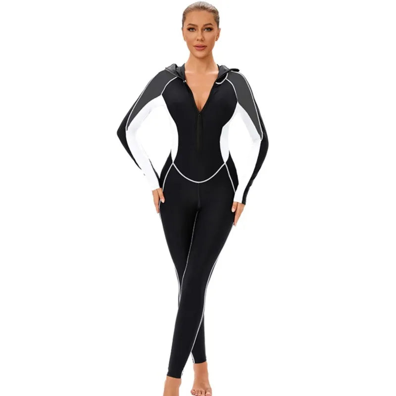 Long Sleeves Swimwear Women Surfing Swimsuit Striped Bathing Suits Zipper One-piece Swim Suits Pants Push Up Beach Wear