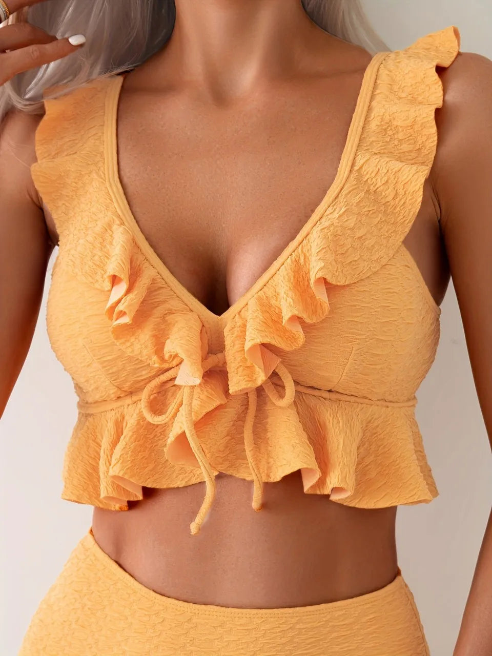 Strappy Ruffle Bikini Solid Swimwear Women High Waist Triangle Swimsuit Female Bathing Swimming Suit Padded Beachwear
