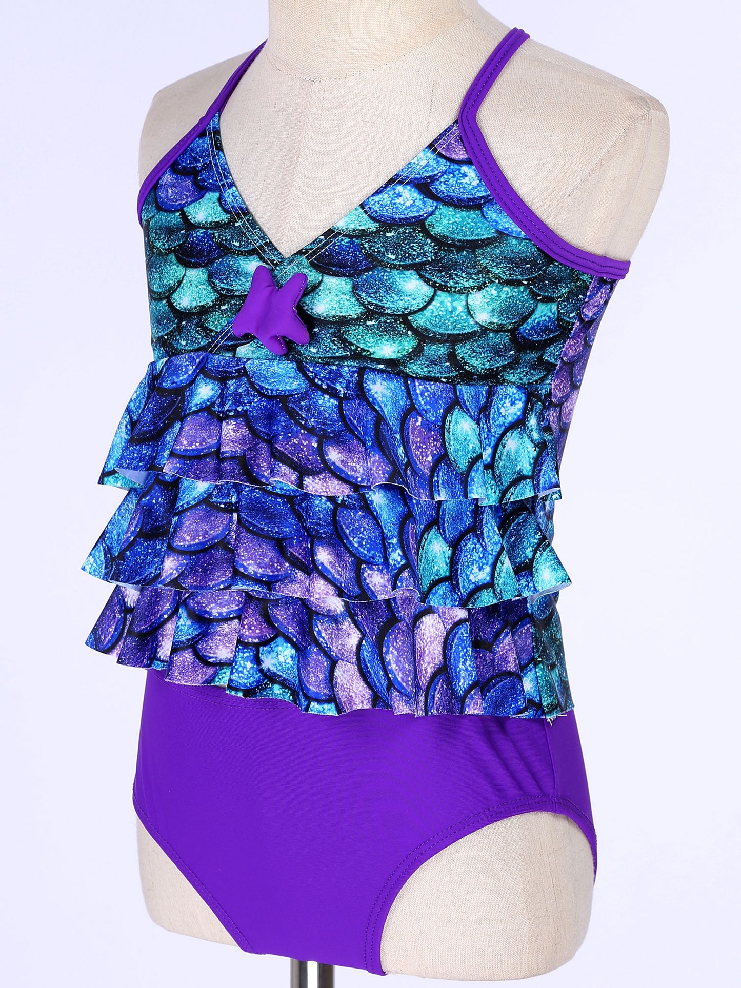 Kids Girls Fish Scales Mermaid Bathing Suit Two-piece Bikini Swimsuit Sleeveless Tops with Briefs Tankini Swimwear Beachwear