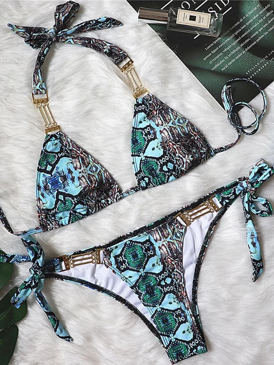 Halter Snake Skin Bikini Women Swimsuit Female Metal Chains Swimwear Two Pieces Bikini Set High Cut Bathing Suit Swim