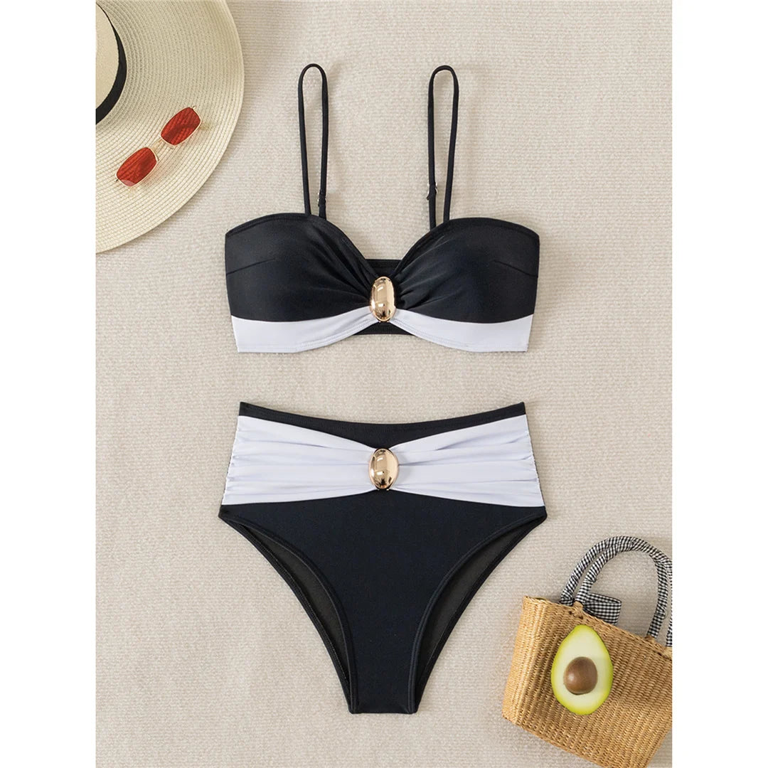 XS - L Splicing Metal Ring Female Swimsuit High Waist Bikini Women Swimwear Two-pieces Bikini set Bather Bathing Suit Swim