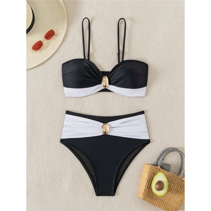 XS - L Splicing Metal Ring Female Swimsuit High Waist Bikini Women Swimwear Two-pieces Bikini set Bather Bathing Suit Swim
