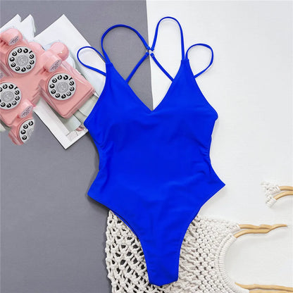 Solid Blue Backless Swimwear One Piece Swimsuit Women Back Cross String Bathers High Cut Bathing Suit