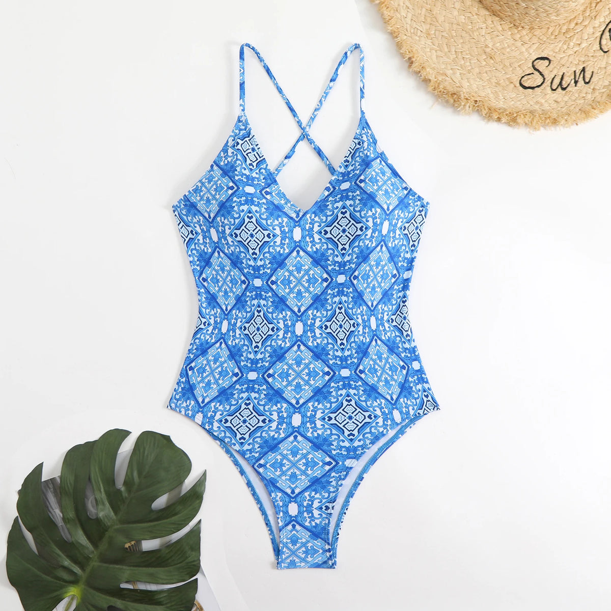 V-neck Strappy Swimsuit Women One Piece Printed Back Cross Swimwear Female Bathers Bathing Swimming Swim Suit Beachwear