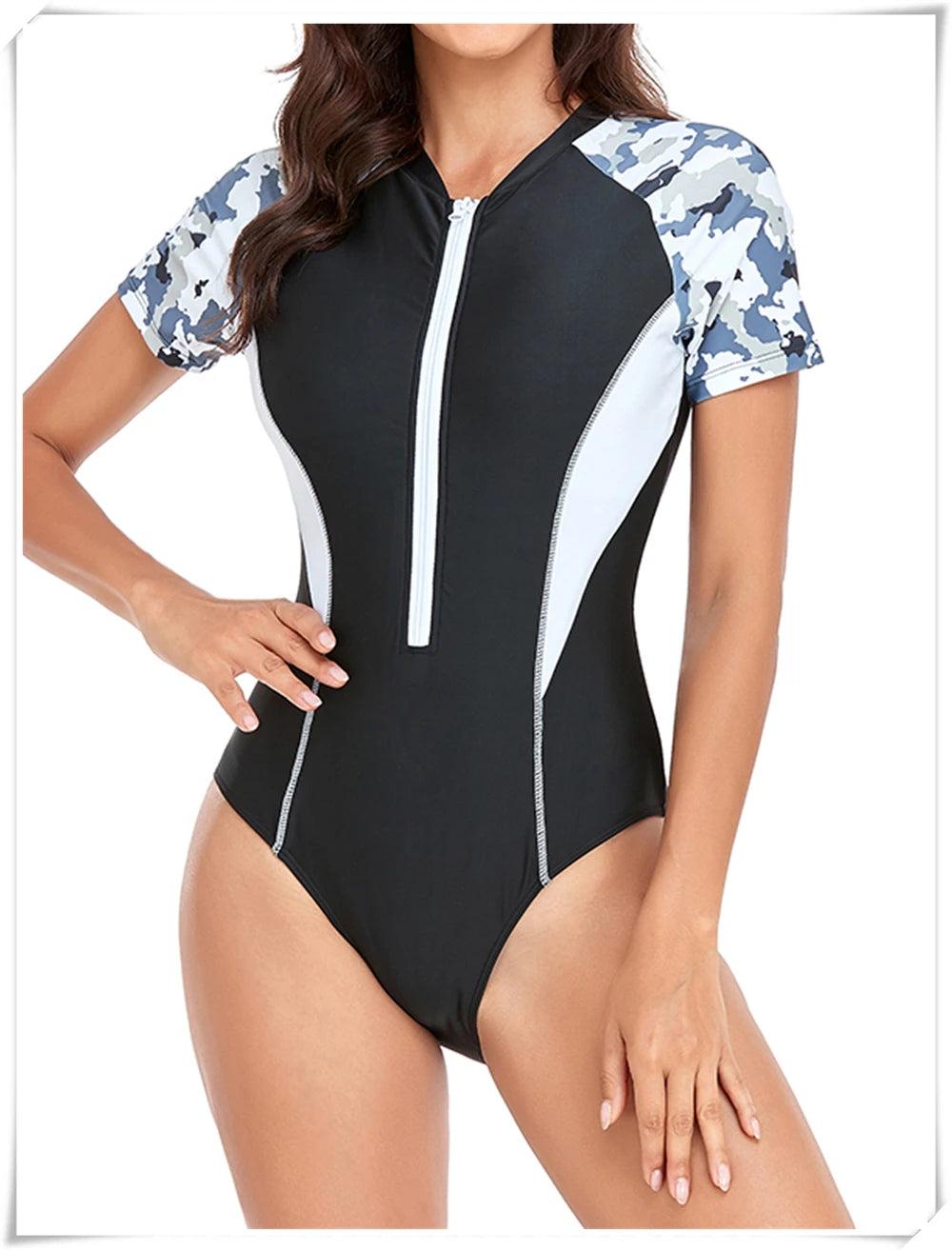 Short Sleeve Zipper One Piece Swimsuit Zebra Print Swimwear Women Diving Clothes Surfing Beachwear Bathing Swimming Suit