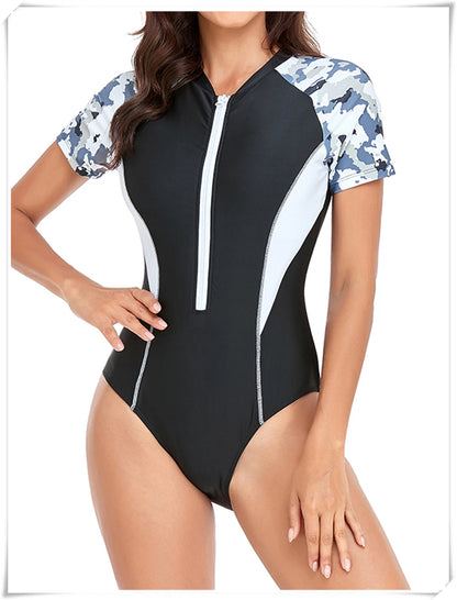 Short Sleeve Zipper One Piece Swimsuit Zebra Print Swimwear Women Diving Clothes Surfing Beachwear Bathing Swimming Suit