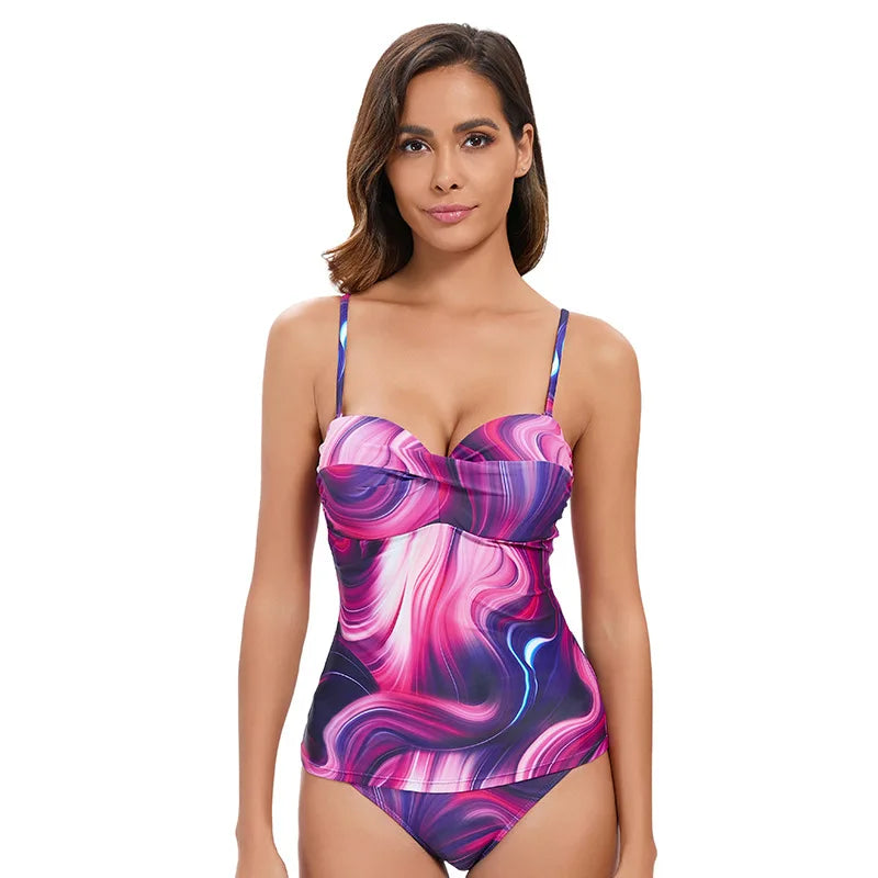 Pink Swirl Design Underwire Tankini Set Women's Two-Piece Swimsuit with Supportive Triangle Top High-Cut Bottoms