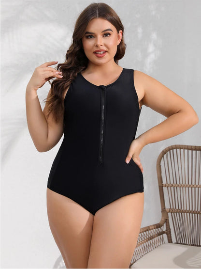 Plus Size Black Color Rashguard Women One Piece Swimsuit Solid Swimming Suit For Big Woman Modest Swimwear Surfing Suit