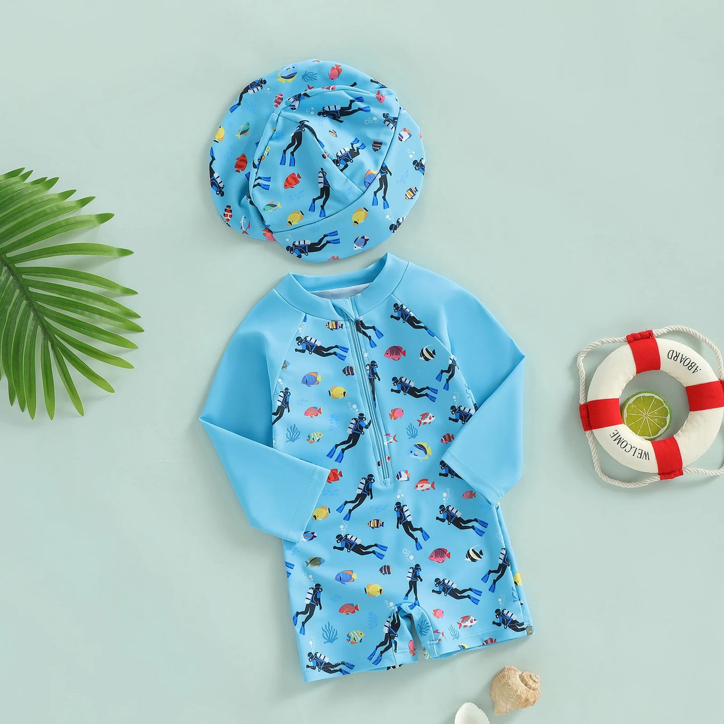 Summer Toddler Kids Baby Boy Rash Guard Swimsuits Animal Print Zipper Long Sleeve Bathing Suits with Swim Cap Swimwear