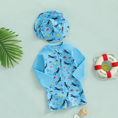 Summer Toddler Kids Baby Boy Rash Guard Swimsuits Animal Print Zipper Long Sleeve Bathing Suits with Swim Cap Swimwear