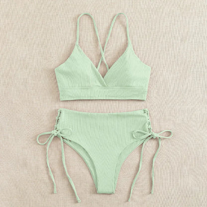 V-Neck Split Bikini Set for Women, Swimsuit, Lace Up, Triangular Bikinis, Solid Color, Beach Swimwear, Bathing Suit
