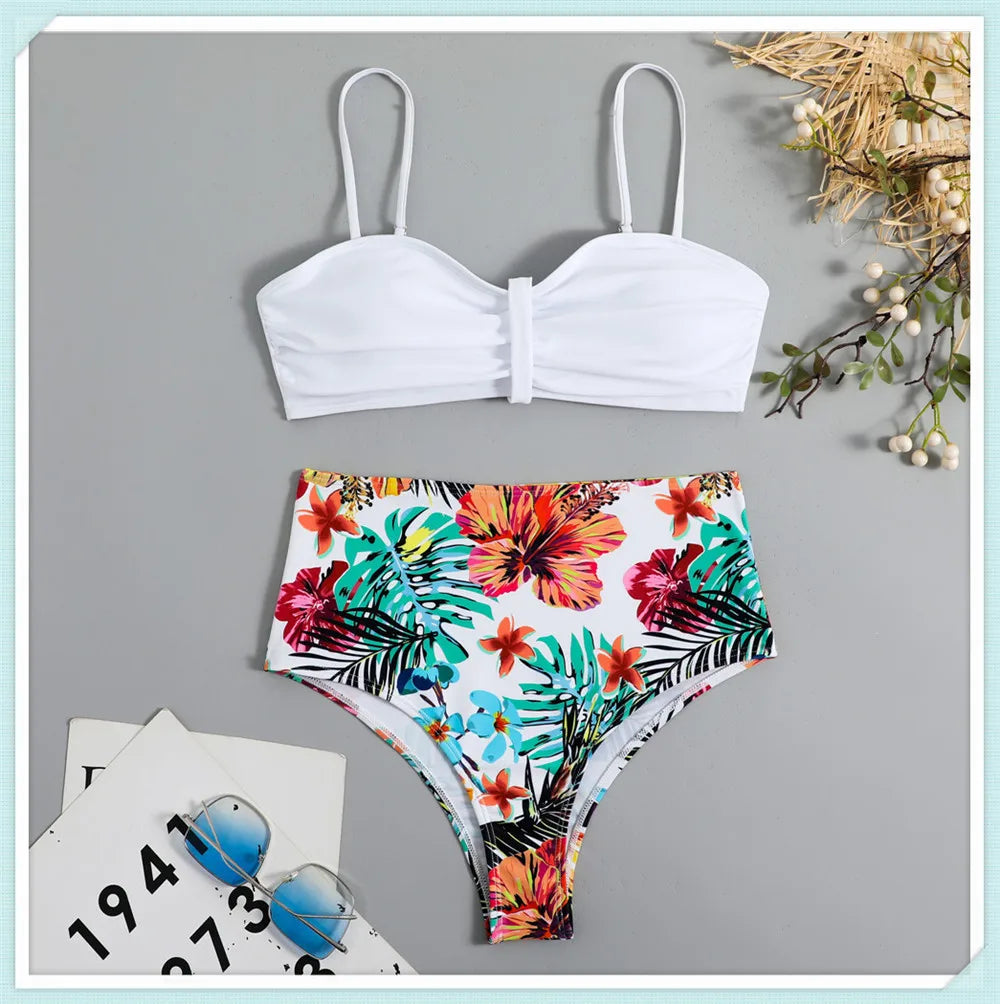 Solid Bandeau Bikini Set Women Tropical Printed Swimwear Female Push Up Swimsuit High Waist Bathing Suit Tie Back Beachwear