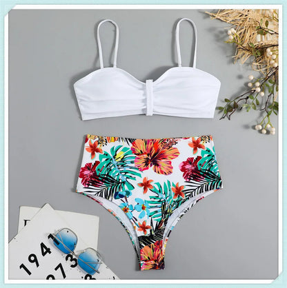 Solid Bandeau Bikini Set Women Tropical Printed Swimwear Female Push Up Swimsuit High Waist Bathing Suit Tie Back Beachwear
