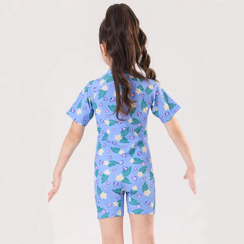 Leaf Print One Piece Girls Swimwear Kids Short Sleeve Swimsuit With Front Zipper Summer Children Swimming Suit Beachwear
