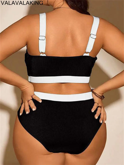 Solid Patchwork Two Pie Plus Size Bikini Women High Waist Large Swimsuit Lady Swimwear Beach Curvy Bathing Suit