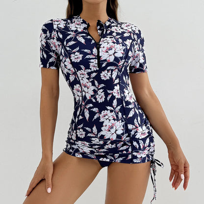 Floral Women Swimsuits Sun Protection Female Short Sleeves Swimwear Surfing Sports Pool Beachwear Two-Piece Bathing Suits